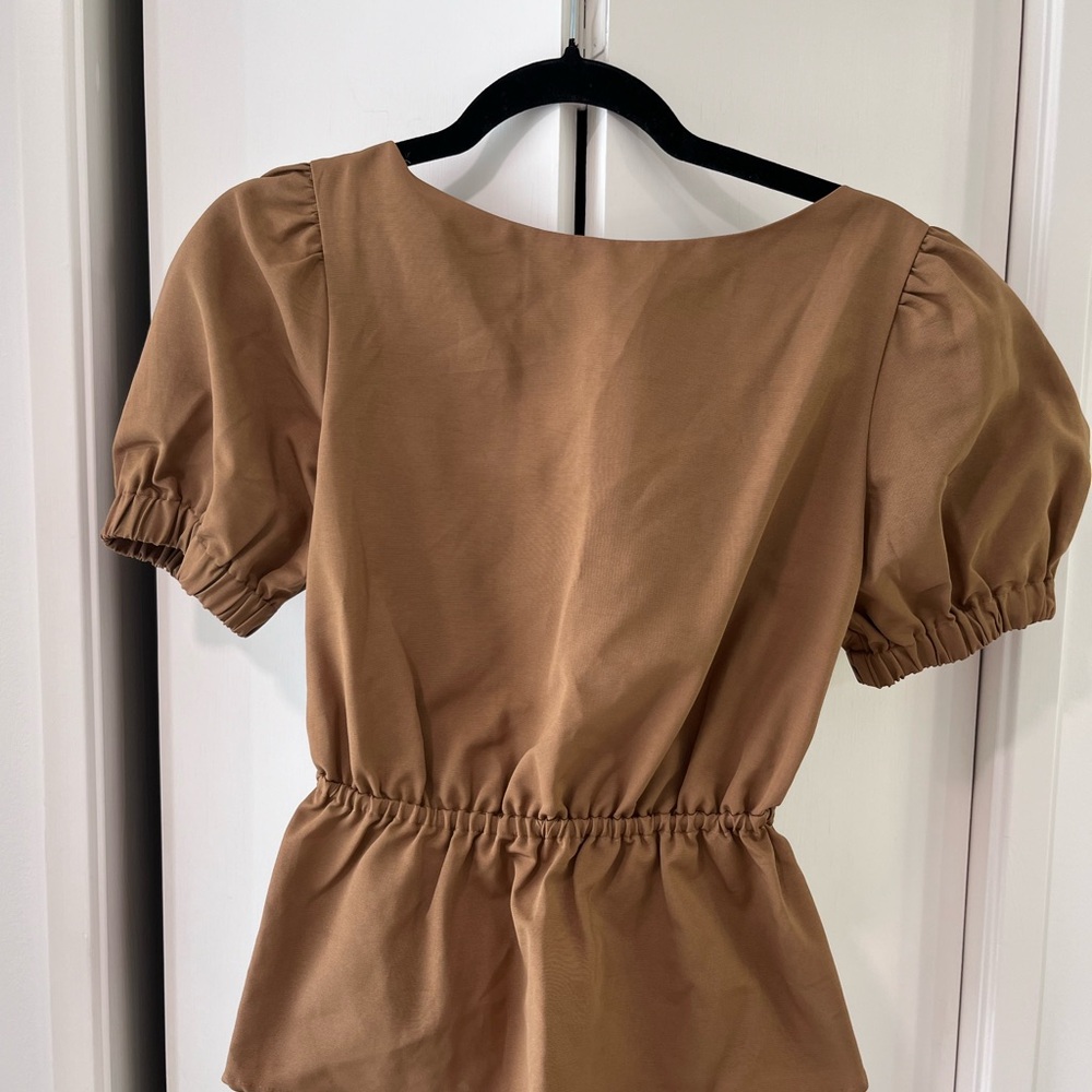 STAUD Brown Puff Sleeve Peplum Blouse